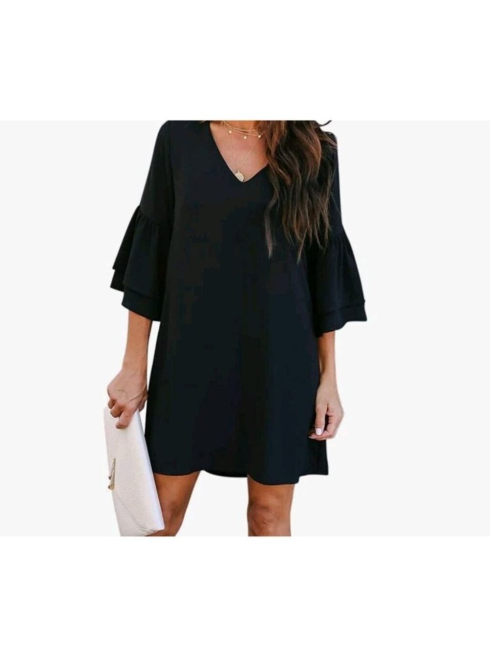 Belongsci Womens Large V-Neck Bell Sleeve Tunic Dress Black Chic & Flowy Design